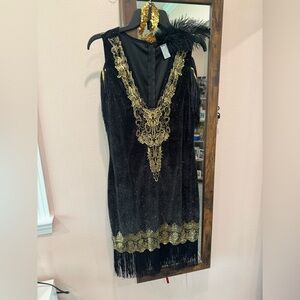 Spirit Black Midi Dress with Gold Appliqué and Fringe